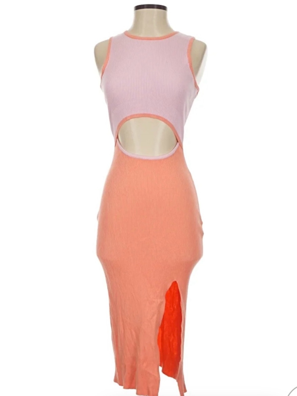 Sleeveless Two-Tone Cutout Midi Dress in Light Pink and Peach